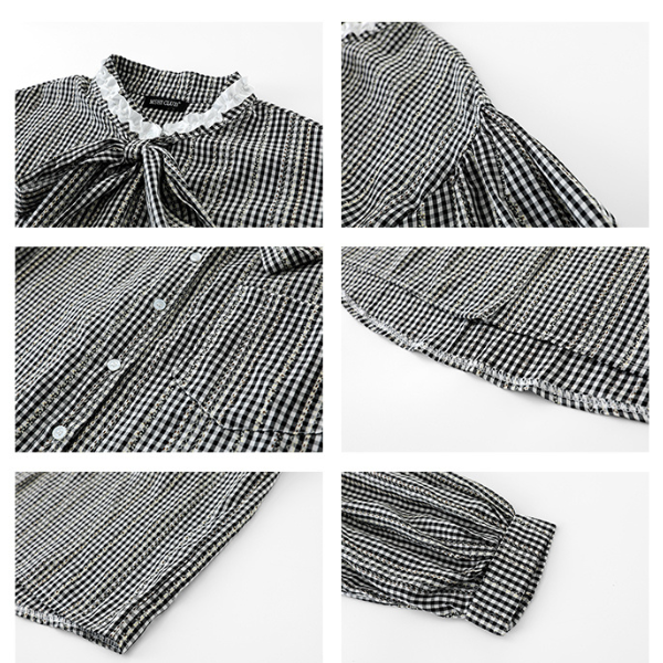 フロントリボンギンガムチェックルーズブラウス X-527
