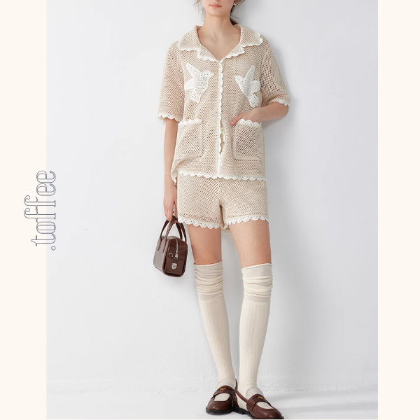 バードモチーフメッシュシャツ&ショーパンツセットアップ《Z01014》