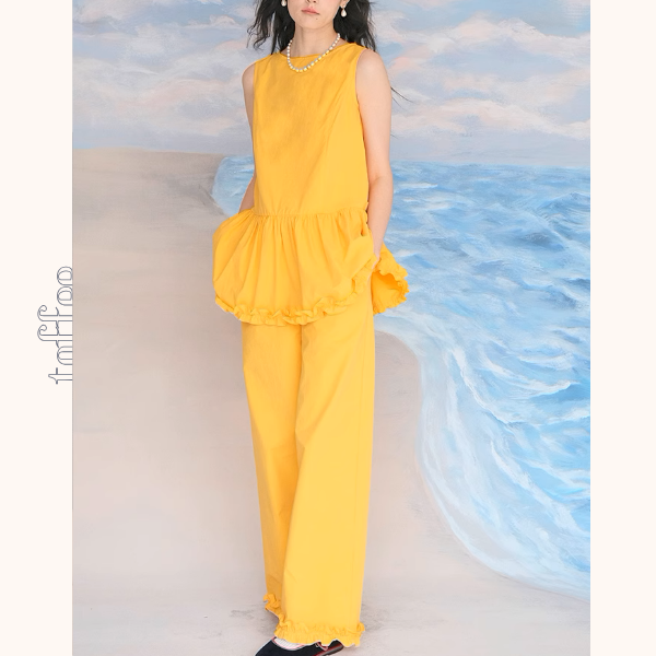 レースヘムペプラムノースリーブトップ&ストレートパンツセットアップ 《Z00982》