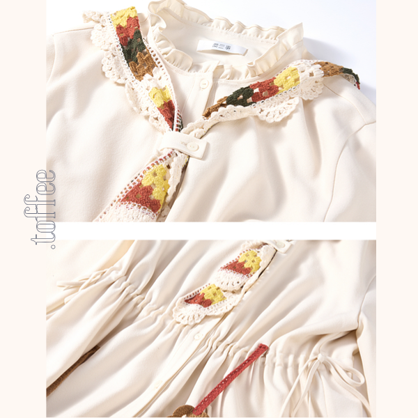 マルチカラーかぎ編みレースタイ付きAラインワンピース 《Z00678》