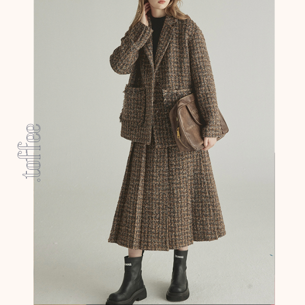 千鳥格子ツイードジャケット&ロングプリーツスカートセットアップ 《Z00775》