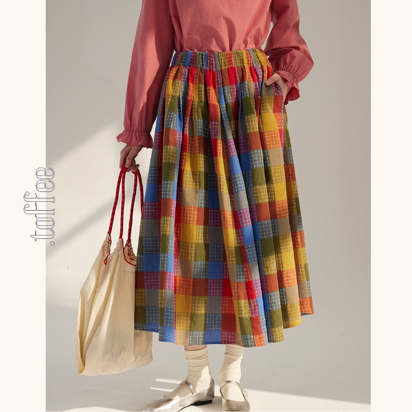 カラフルチェック柄ロングフレアスカート 《Z00786》