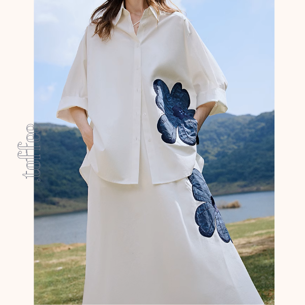 フラワー刺繍オーバーサイズシャツ&Aラインミモレ丈スカートセットアップ《Z00927》