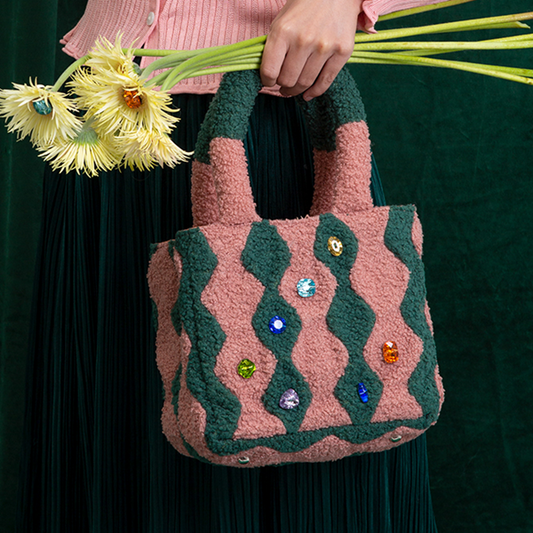 ジグザグパターンストーン装飾ボアハンドバッグ 《Z00804》