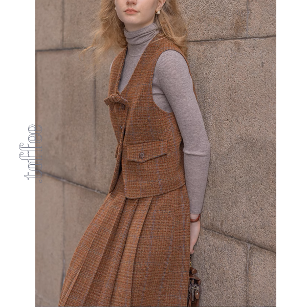 【3color】チェック柄リボン装飾ジレ&ミモレ丈プリーツスカートセットアップ《Z00858》