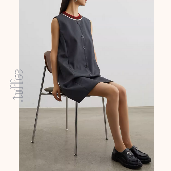 コントラストカラーフロントボタンノースリーブミニワンピース《Z00945》