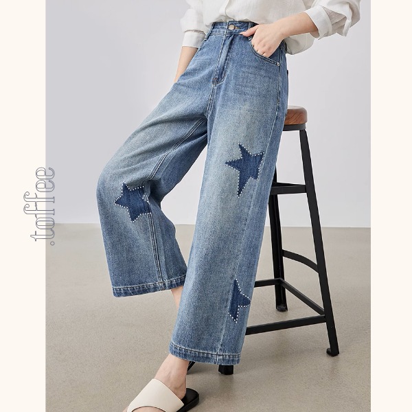 星型アップリケのハイウエストワイドジーンズ《Z00930》