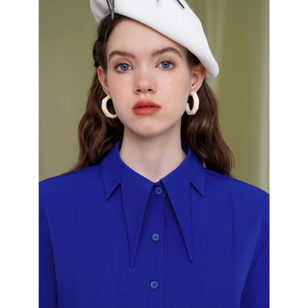 【4color】デザインラペルディープスリーブカットブラウス X-197