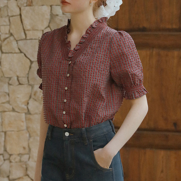フリルネックチェック柄ブラウス《Z00822》