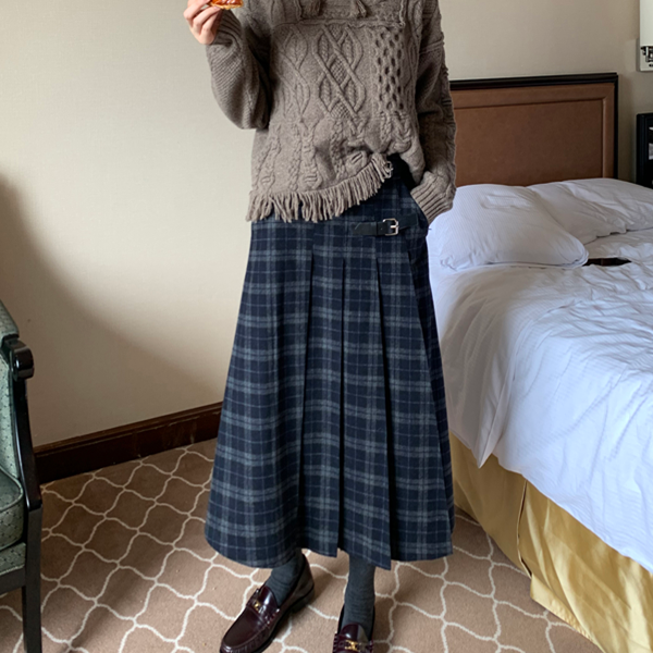 【2color】チェック柄ミモレ丈プリーツスカート Z00565