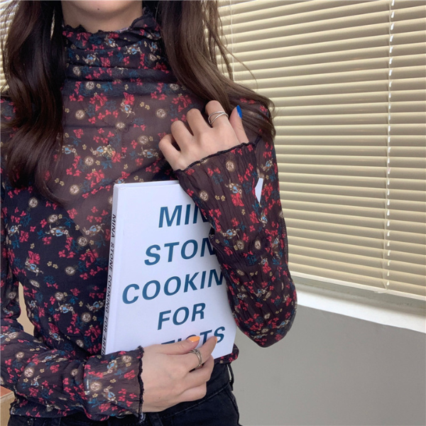 【5color】レトロな花柄シースルートップス Z00105