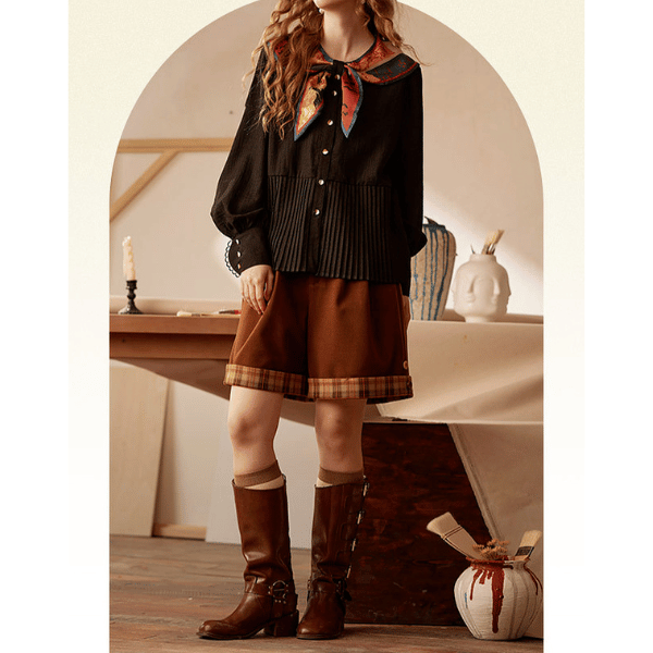 【4color】ゴッホのアートプリント入りプリーツシャツ X-516