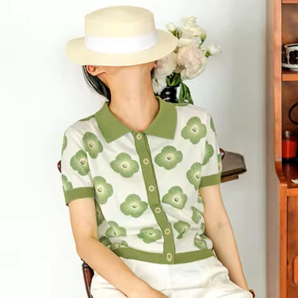 【2color】フラワープリントバイカラーポロシャツ《Z00981》