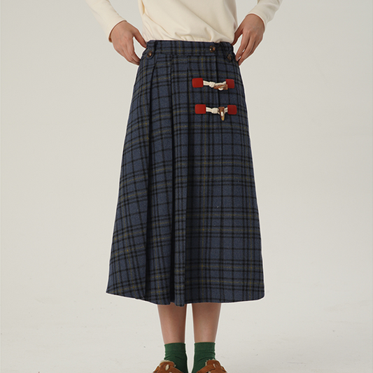 【2color】ホーンボタンチェック柄ロングスカート Z00607