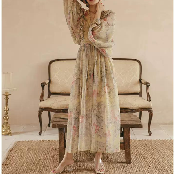 フラワープリントボリュームスリーブワンピース X-046