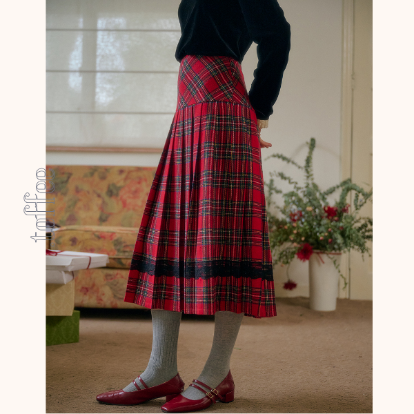 タータンチェック柄ハイウエストAラインミディスカート  《Z00785》