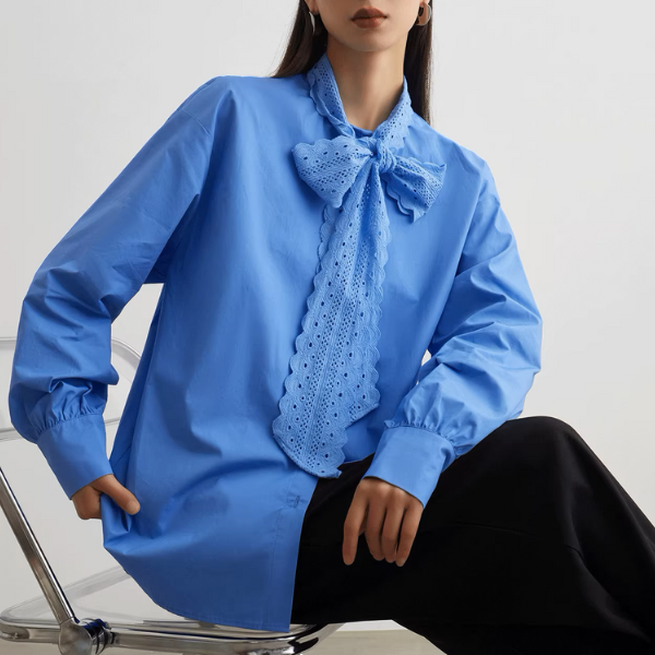 アイレット刺繍ボウタイブラウス&ブラックパンツセットアップ《Z00952》