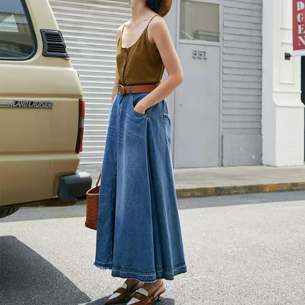 デニムミモレ丈フレアスカート w-012