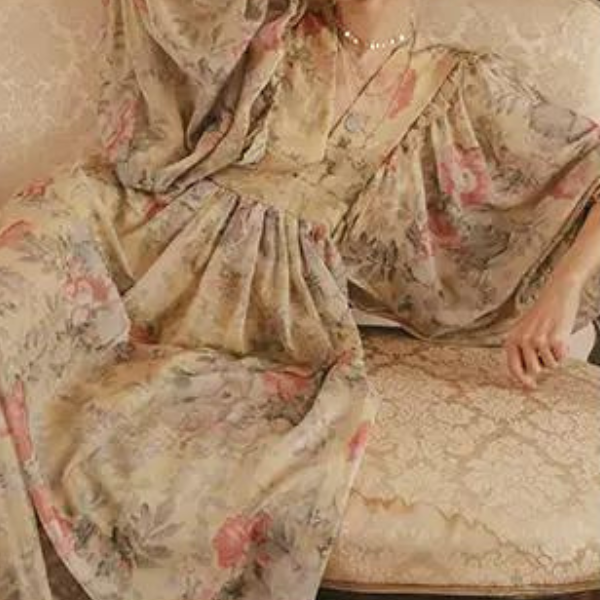 フラワープリントボリュームスリーブワンピース X-046