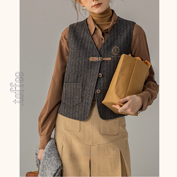 【2color】ベルトディテールチェック柄ベスト&ロングプリーツスカートセットアップ《Z00856》