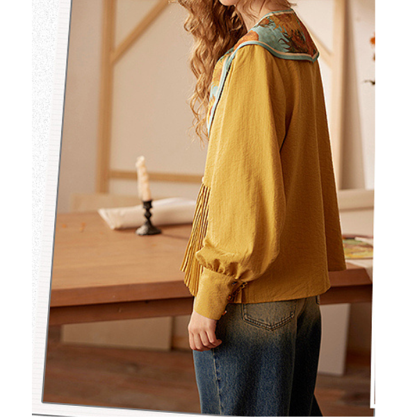 【4color】ゴッホのアートプリント入りプリーツシャツ X-516