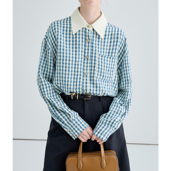 ギンガムチェックのクレリックシャツ X-288