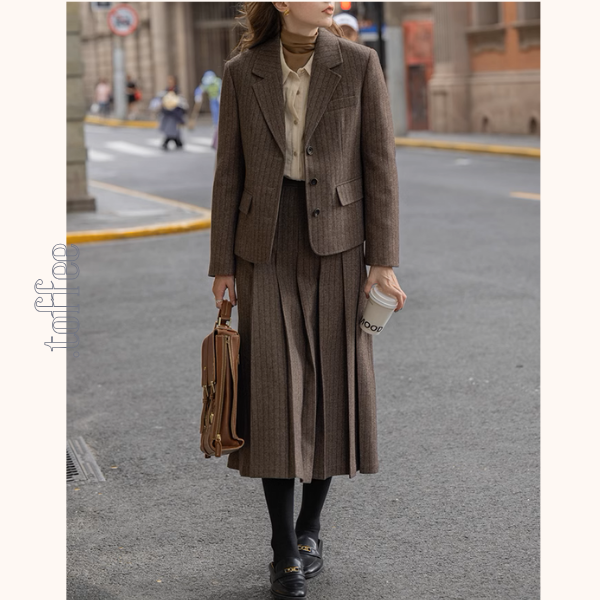 ストライプテーラードジャケット&ロングプリーツスカートセットアップ《Z00865》