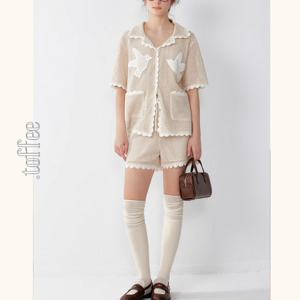 バードモチーフメッシュシャツ&ショーパンツセットアップ《Z01014》