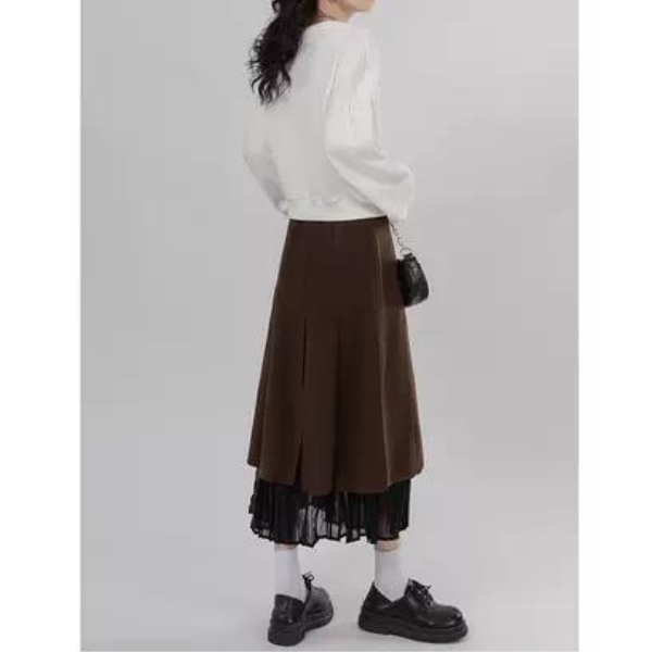 【3color】プリーツドッキングスカート X-014