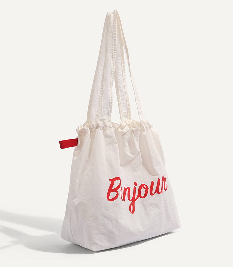 【4color】“Bonjour” レタープリントドローストリングトートバッグ 《Z00802》