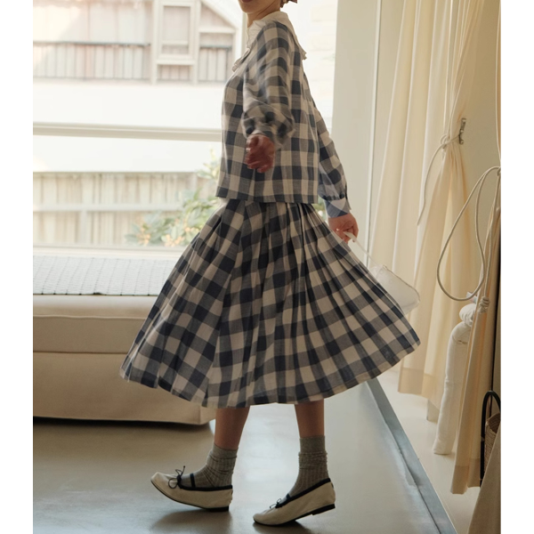 チェック柄ドールカラーブラウス&スカートセットアップ Z00085