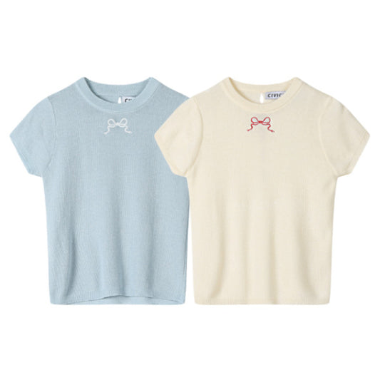 【4color】リボン半袖ニットトップ Z00285
