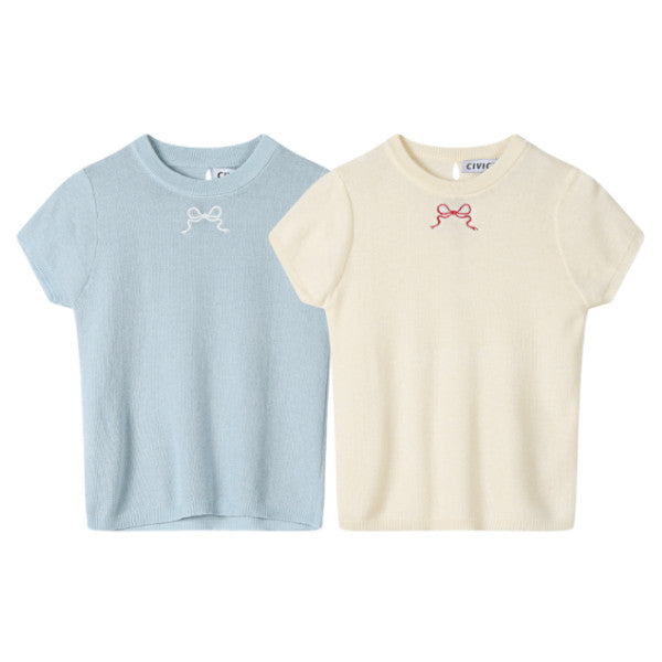 【4color】リボン半袖ニットトップ Z00285