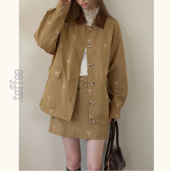 リボン刺繍オーバーサイズジャケット&スカートセットアップ《Z00817》