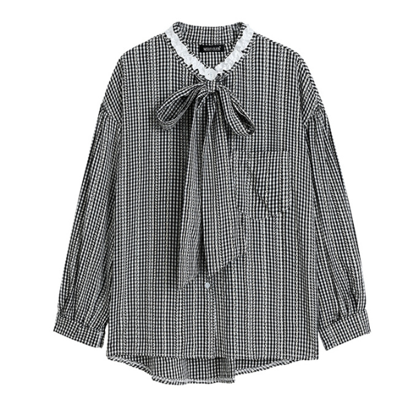 フロントリボンギンガムチェックルーズブラウス X-527