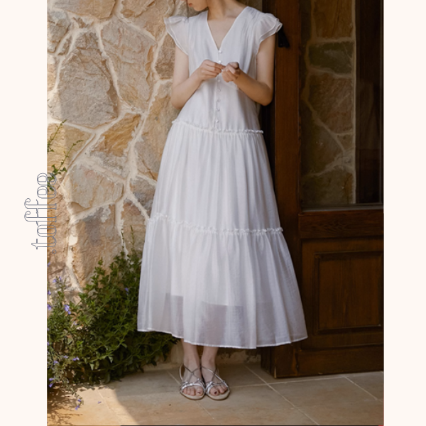 Vネックホワイトティアードワンピース《Z00884》