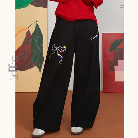 リボン刺繍ルーズストレートパンツ 《Z00700》