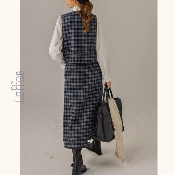 【2color】ベルトディテールチェック柄ベスト&ロングプリーツスカートセットアップ《Z00856》