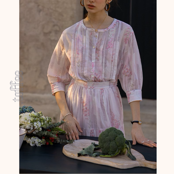 桜ピンクプリーツシャツ&ミモレ丈ティーアドスカートセットアップ《Z00867》