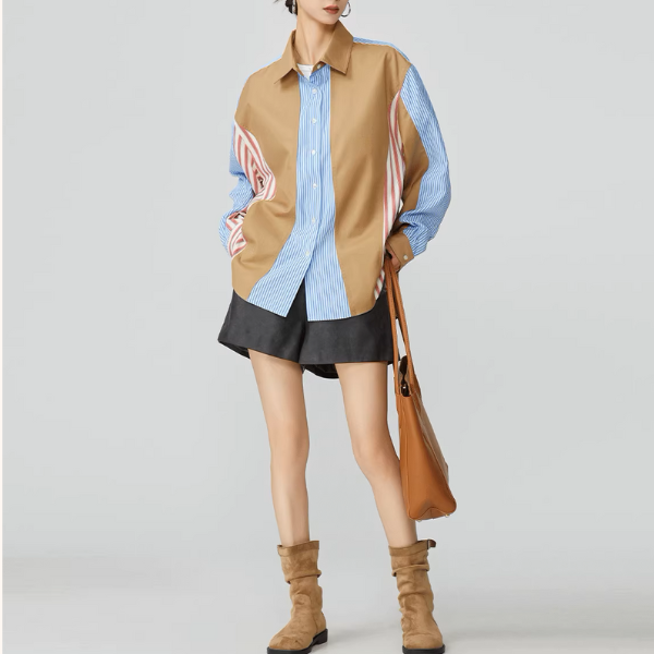 パッチワークストライプオーバーサイズロングスリーブシャツ《Z00951》