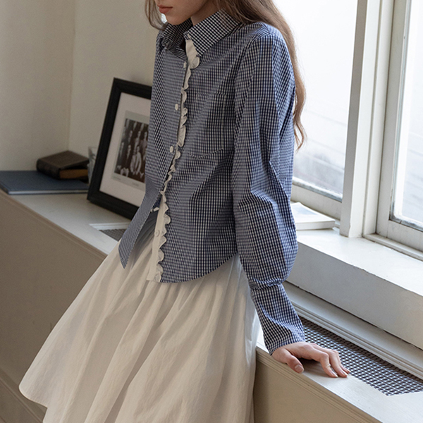 ギンガムチェック柄レースディテールシャツ 《Z00739》