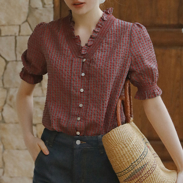 フリルネックチェック柄ブラウス《Z00822》