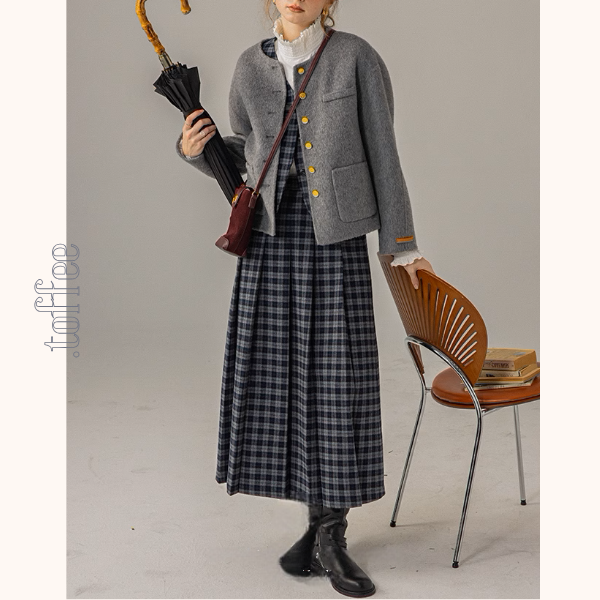 【2color】ベルトディテールチェック柄ベスト&ロングプリーツスカートセットアップ《Z00856》