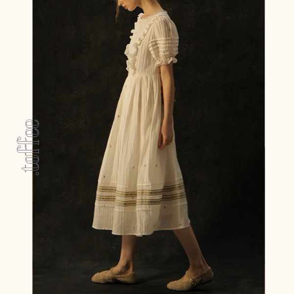 レース&パール装飾パフスリーブワンピース《Z00985》