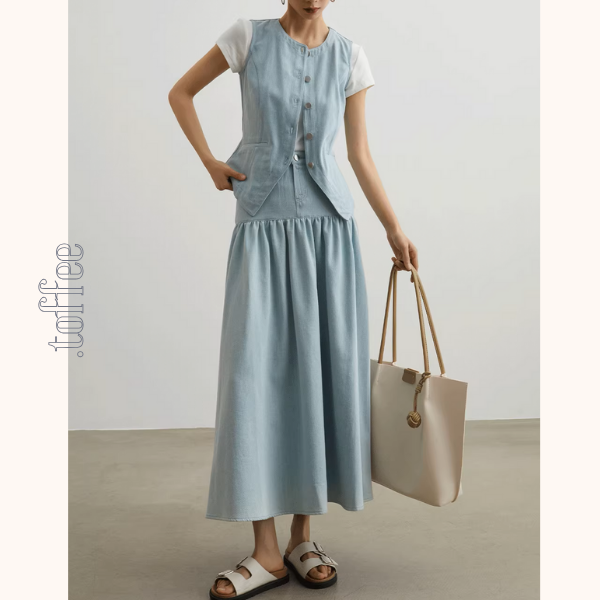 ノースリーブラウンドネックベスト&Aラインロングスカートセットアップ《Z00954》