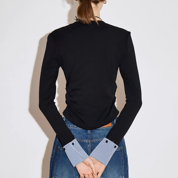 【2color】ギンガムチェックカフスクルーネックトップ《Z00926》