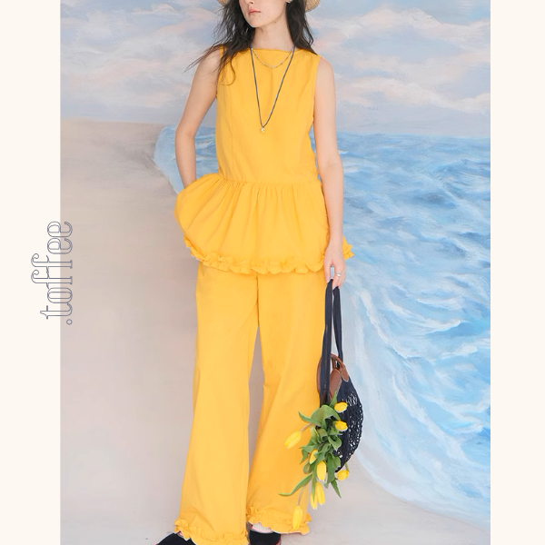 レースヘムペプラムノースリーブトップ&ストレートパンツセットアップ 《Z00982》