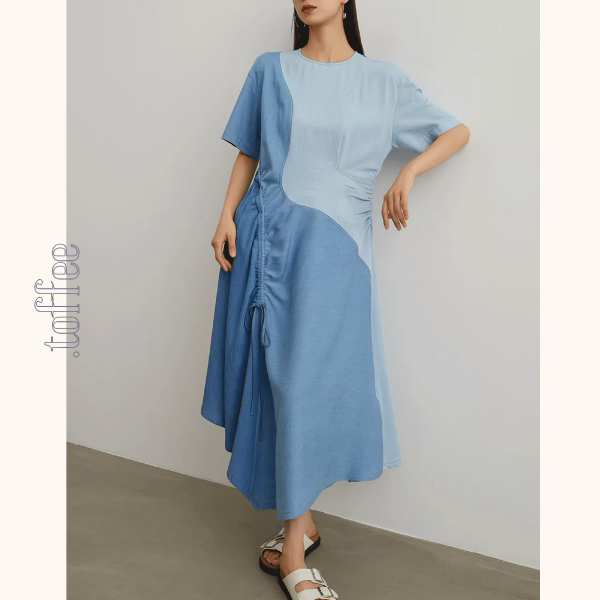 パッチワークアシメトリードローストリングロングワンピース《Z00950》