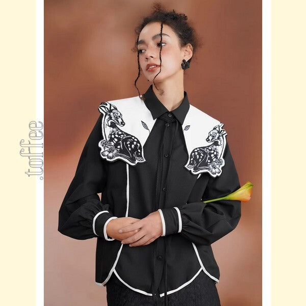 月明かりのバンビが佇む:深い森の中のオリエンタルカウボーイブラウス C0187