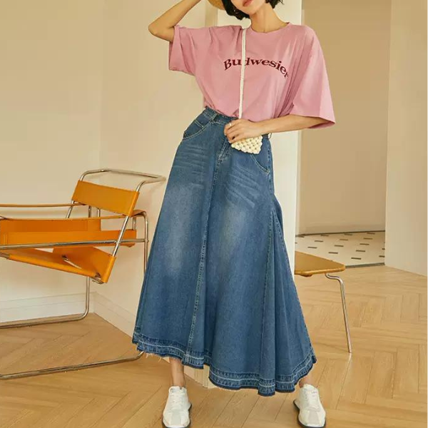 デニムミモレ丈フレアスカート w-012